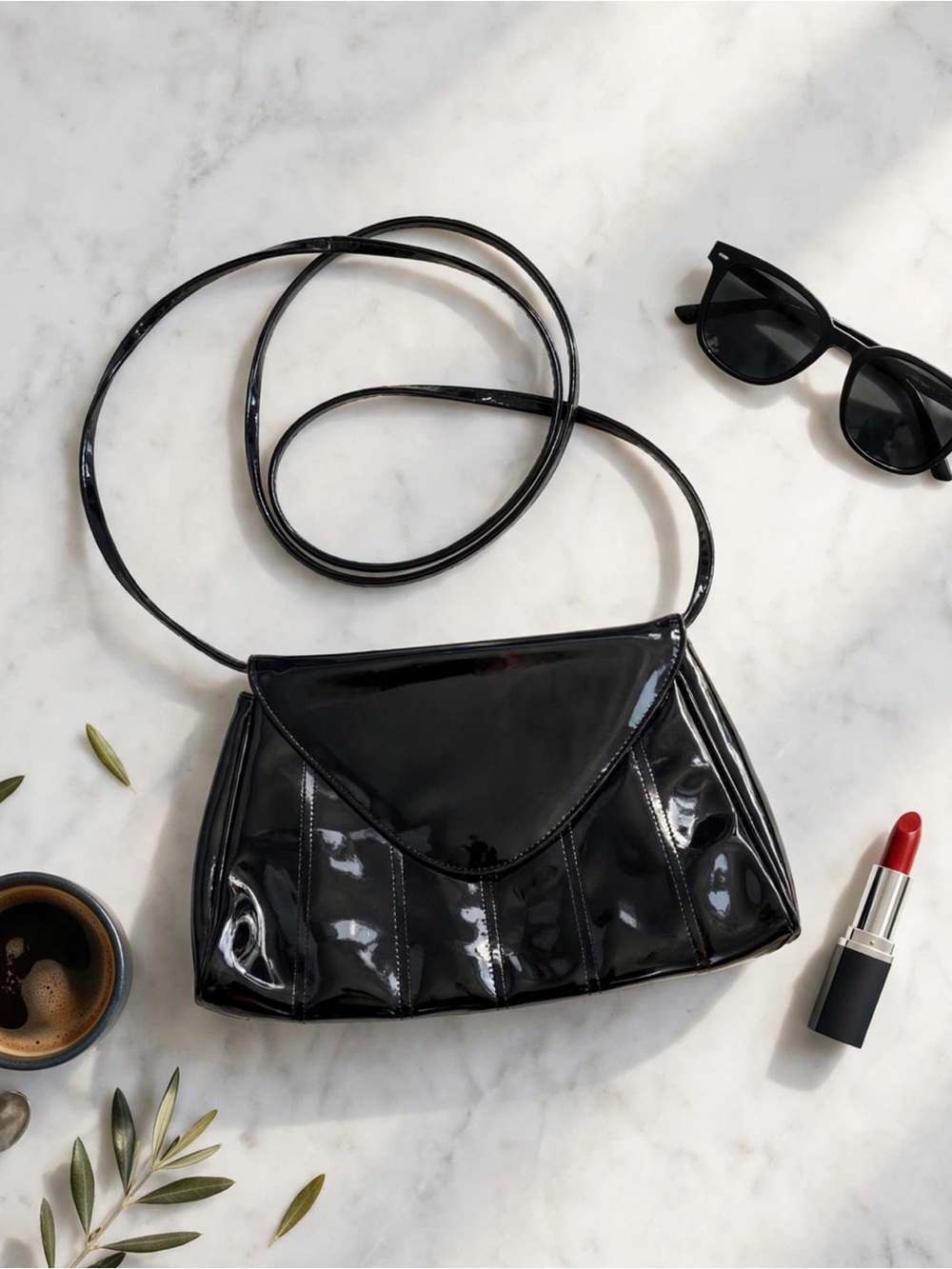 Black Patent Crossbody Bag Faux Leather Envelope Flap Pleated Mini Purse OS